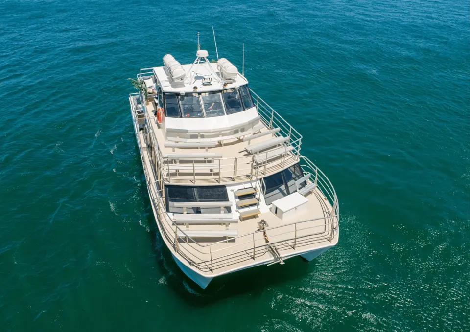 Front view of the white catamaran
